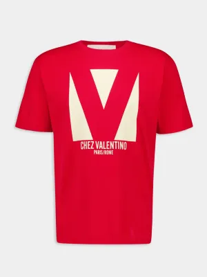 Red Cotton T-Shirt with Chez Valentino Print