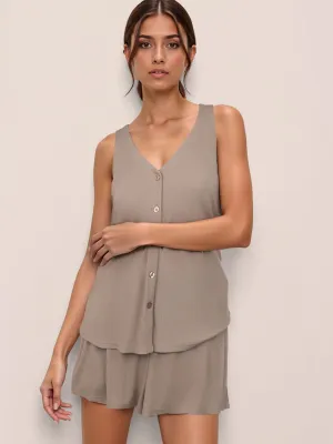Rib Knit Button Front V Neck Tank Pj Short Set