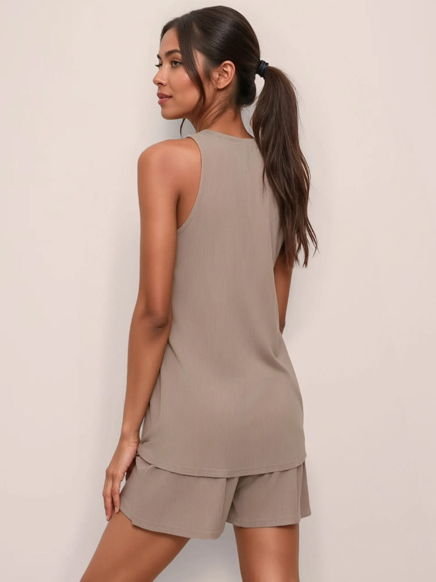 Rib Knit Button Front V Neck Tank Pj Short Set