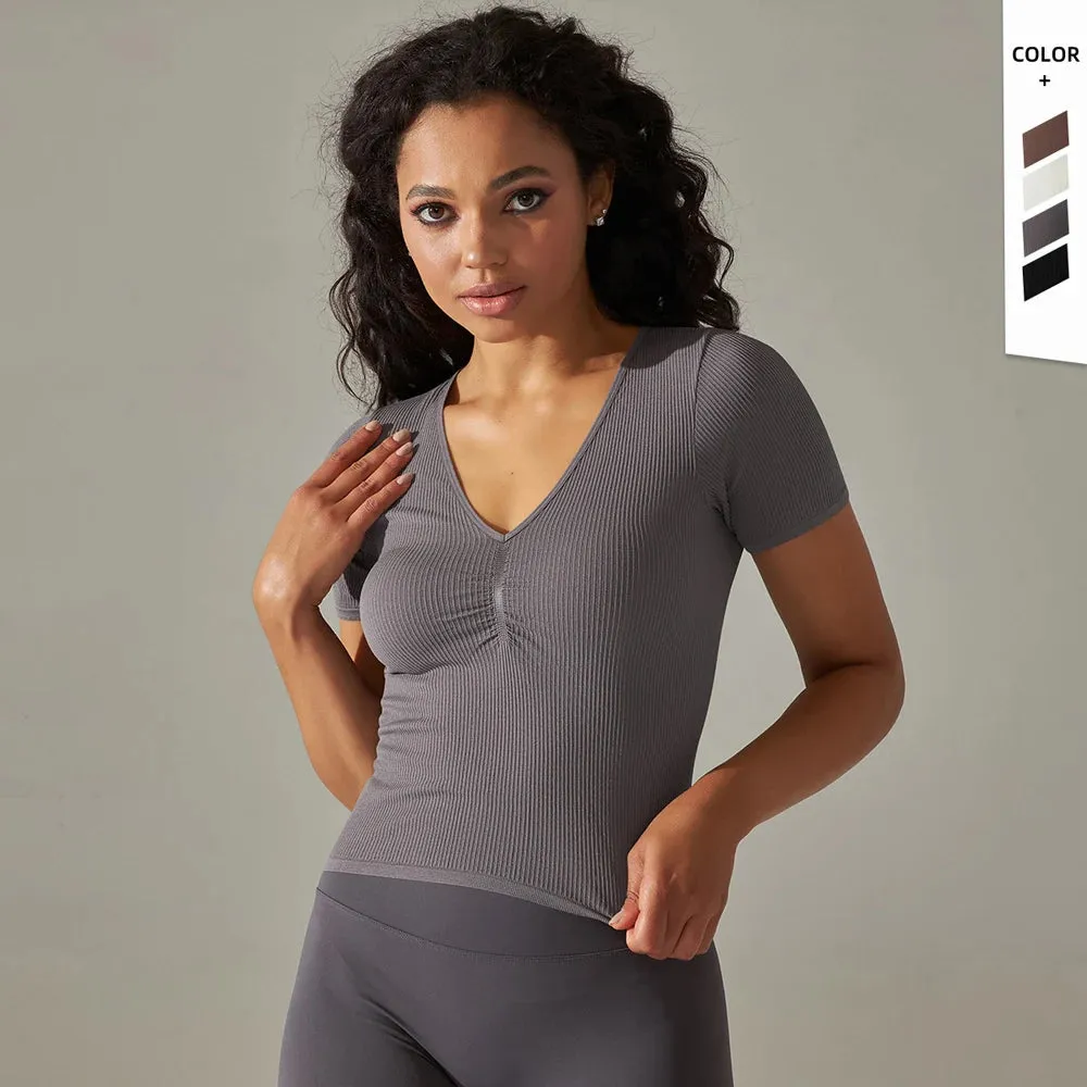 Ribbed Knit Yoga Shirts Women - Ruched Gym Fitness Crop Top, Short Sleeve Running T-shirt