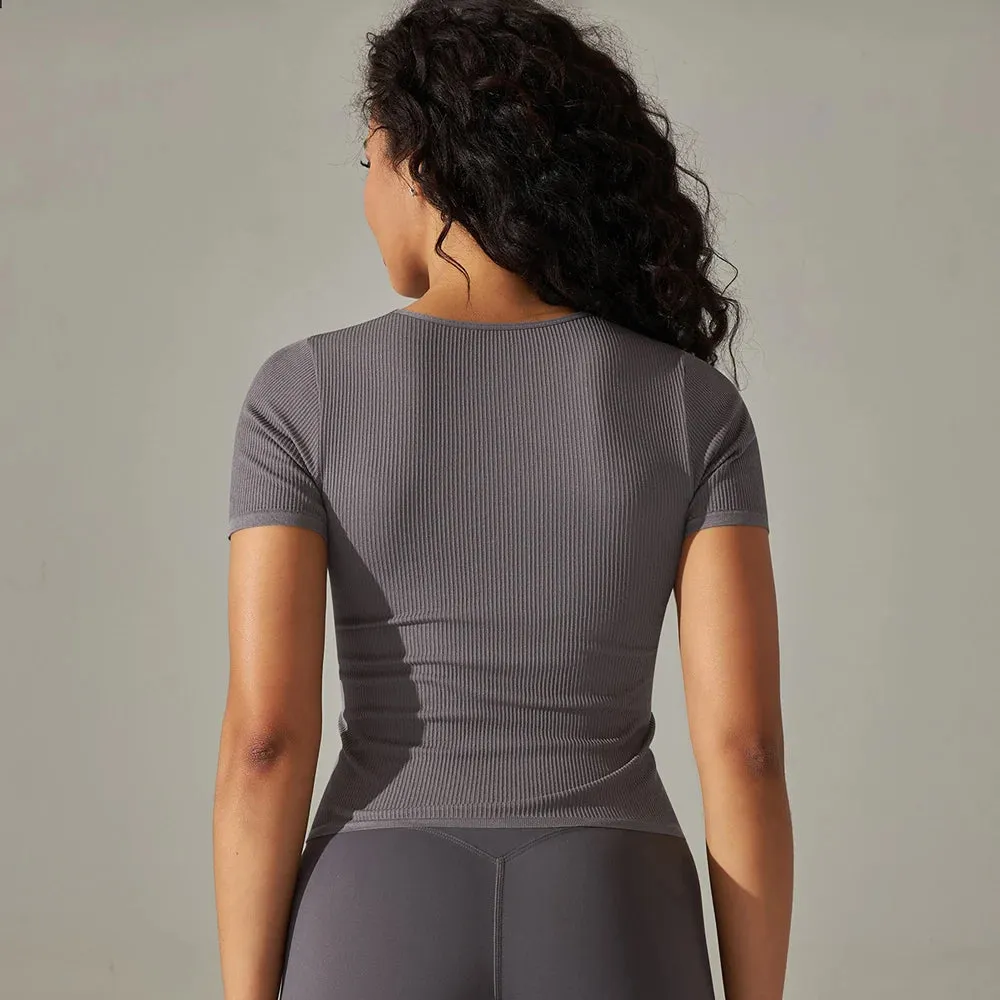 Ribbed Knit Yoga Shirts Women - Ruched Gym Fitness Crop Top, Short Sleeve Running T-shirt