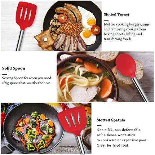 Silicone Cooking Utensil Set,Kitchen Utensils 17 Pcs Cooking Utensils Set,Non-stick Heat Resistant Silicone,Cookware with Stainless Steel Handle - Red