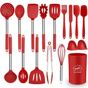 Silicone Cooking Utensil Set,Kitchen Utensils 17 Pcs Cooking Utensils Set,Non-stick Heat Resistant Silicone,Cookware with Stainless Steel Handle - Red