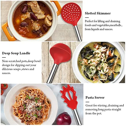 Silicone Cooking Utensil Set,Kitchen Utensils 17 Pcs Cooking Utensils Set,Non-stick Heat Resistant Silicone,Cookware with Stainless Steel Handle - Red