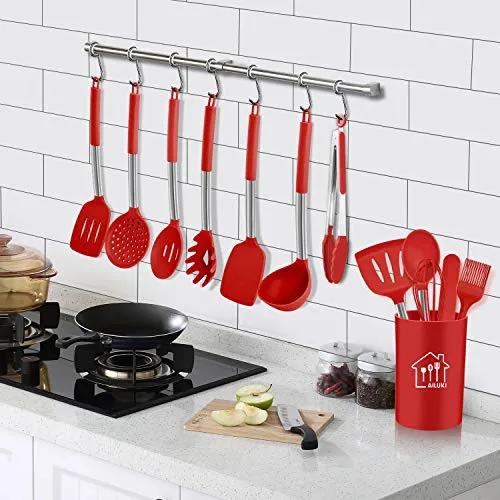 Silicone Cooking Utensil Set,Kitchen Utensils 17 Pcs Cooking Utensils Set,Non-stick Heat Resistant Silicone,Cookware with Stainless Steel Handle - Red