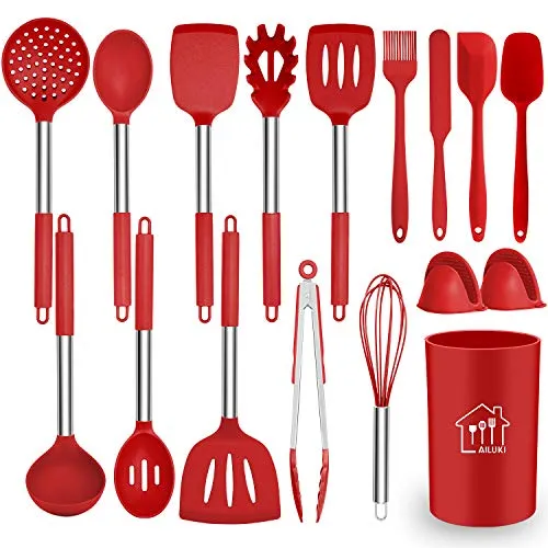 Silicone Cooking Utensil Set,Kitchen Utensils 17 Pcs Cooking Utensils Set,Non-stick Heat Resistant Silicone,Cookware with Stainless Steel Handle - Red