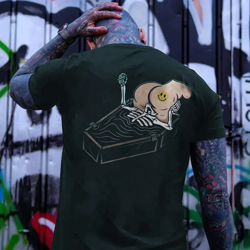 Skull Eat the Naked Ass in the Coffin Graphic Black Print T-shirt