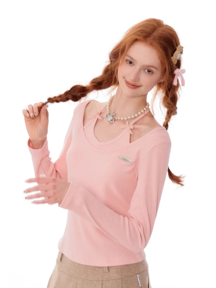 Soft Pink Ribbed Knit Bow-Tie Top