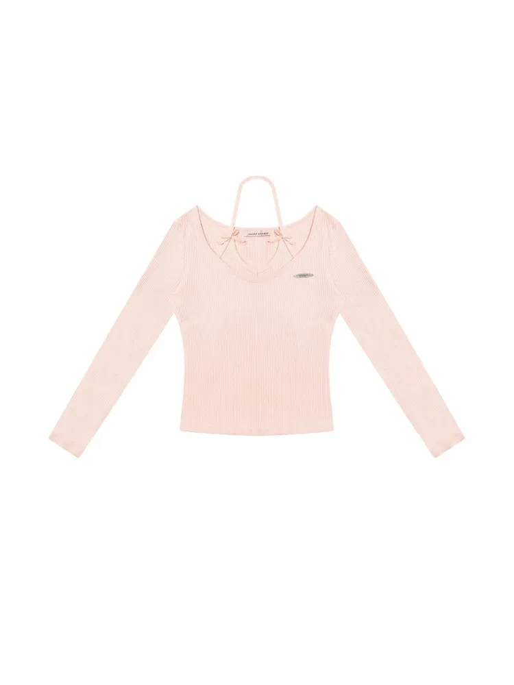 Soft Pink Ribbed Knit Bow-Tie Top