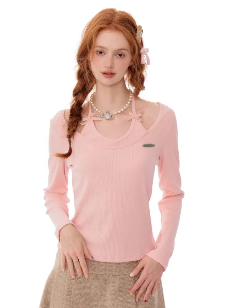 Soft Pink Ribbed Knit Bow-Tie Top