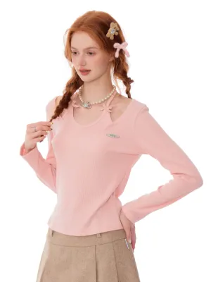 Soft Pink Ribbed Knit Bow-Tie Top