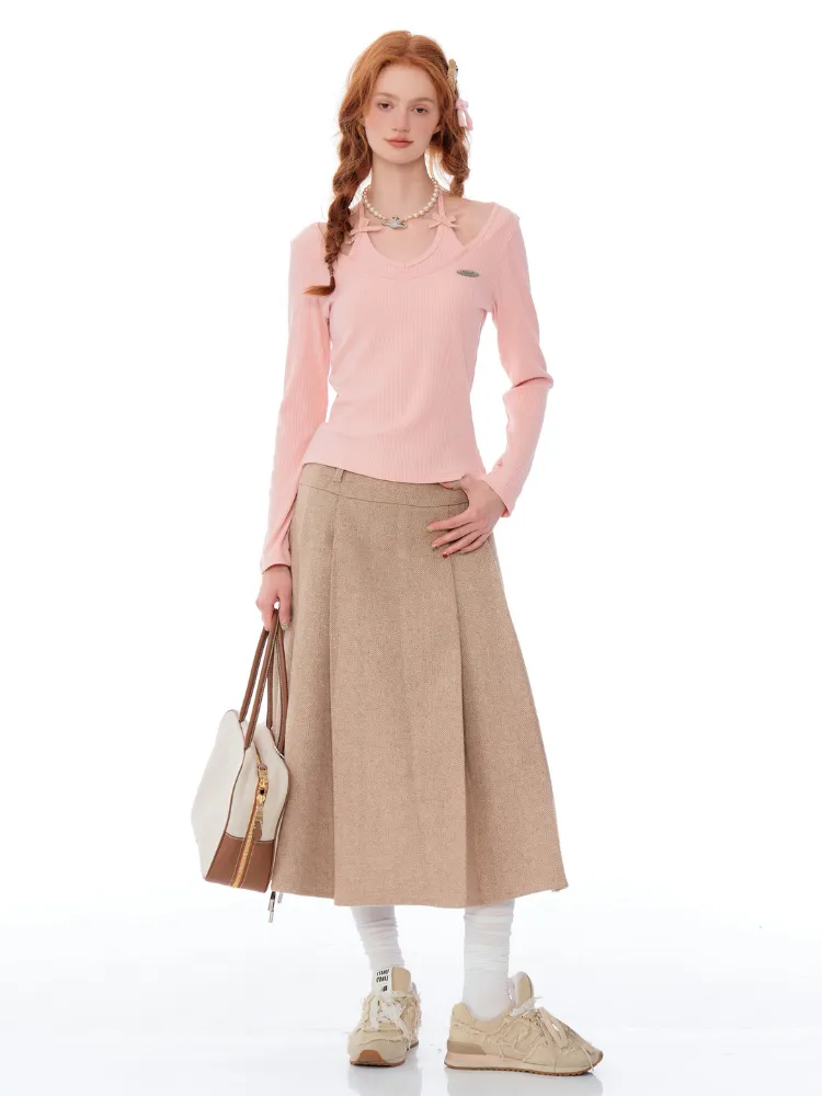 Soft Pink Ribbed Knit Bow-Tie Top