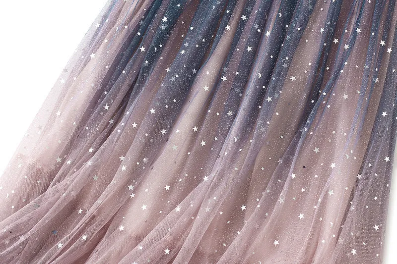 Starry Mesh Tulle Skirt with Gradient Layers and Elastic Waist