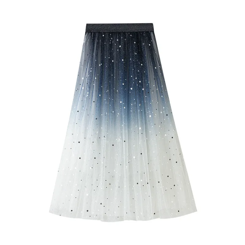 Starry Mesh Tulle Skirt with Gradient Layers and Elastic Waist