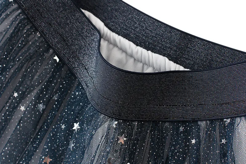 Starry Mesh Tulle Skirt with Gradient Layers and Elastic Waist
