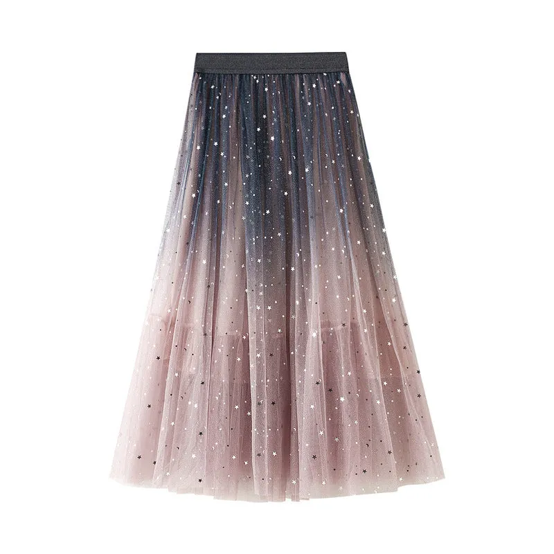 Starry Mesh Tulle Skirt with Gradient Layers and Elastic Waist