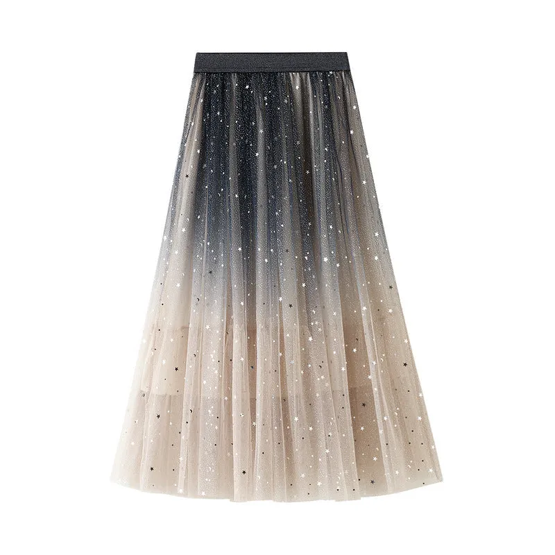 Starry Mesh Tulle Skirt with Gradient Layers and Elastic Waist