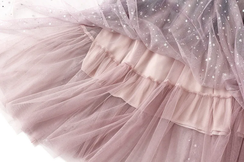 Starry Mesh Tulle Skirt with Gradient Layers and Elastic Waist