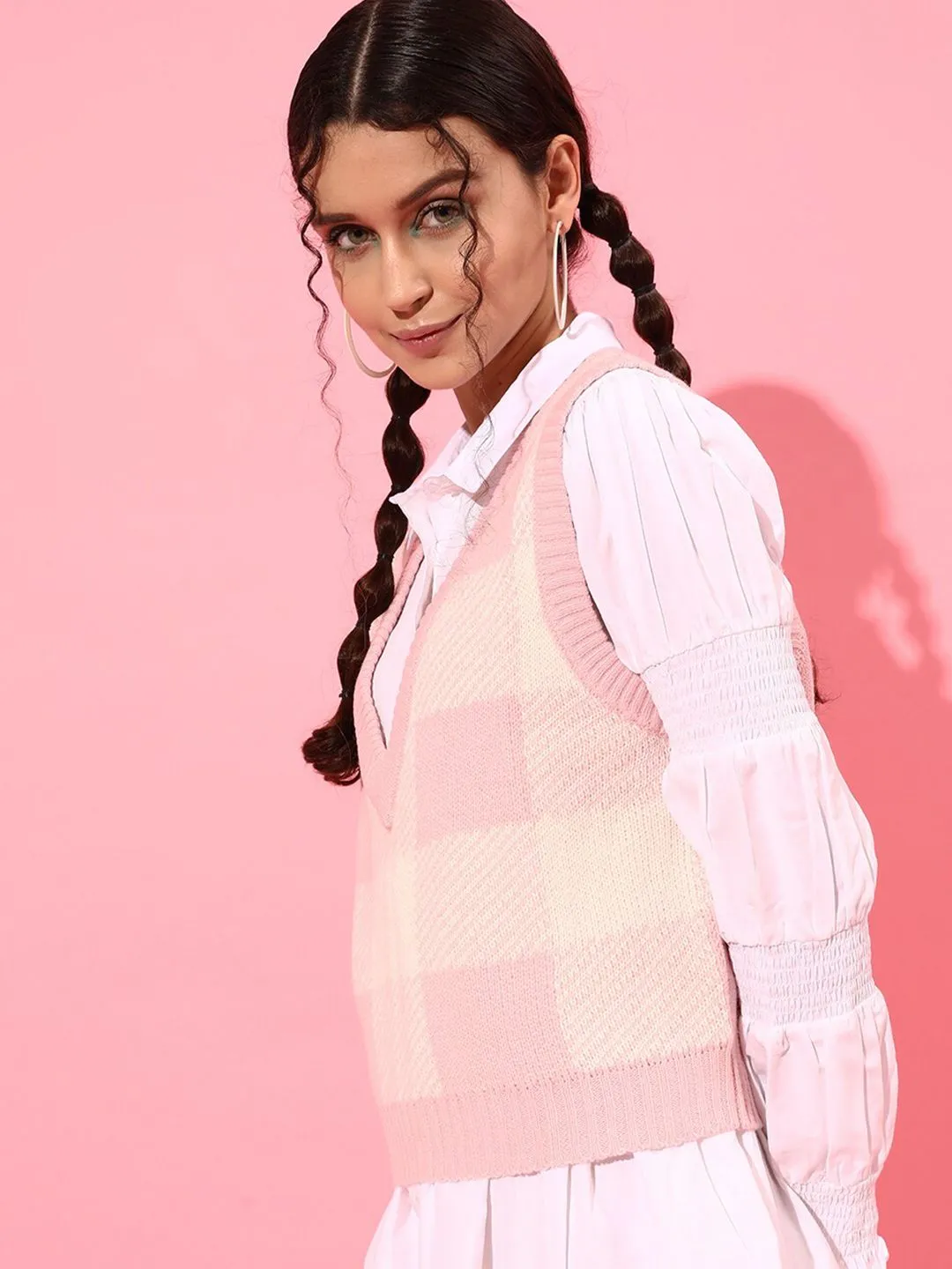 STREET 9 Women Pink & White Checked Acrylic Sweater Vest
