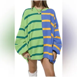 Striped Oversized Sweater Long Sleeve Color Block Loose Casual Knit Pullover Top