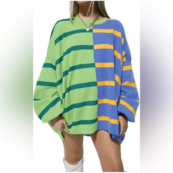 Striped Oversized Sweater Long Sleeve Color Block Loose Casual Knit Pullover Top
