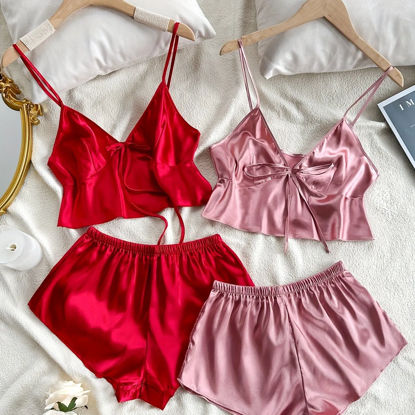 Stylish V-Neck Lace-Up Crop Top & Shorts Pajama Set - 4 Pcs Sleepwear for Women, Soft Polyester, Solid Color