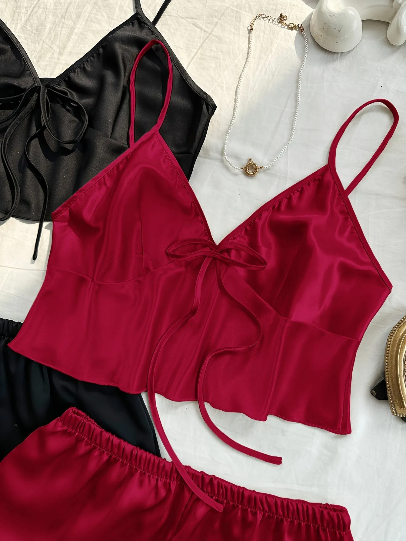 Stylish V-Neck Lace-Up Crop Top & Shorts Pajama Set - 4 Pcs Sleepwear for Women, Soft Polyester, Solid Color