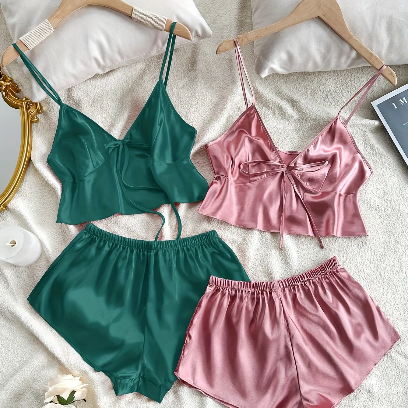 Stylish V-Neck Lace-Up Crop Top & Shorts Pajama Set - 4 Pcs Sleepwear for Women, Soft Polyester, Solid Color