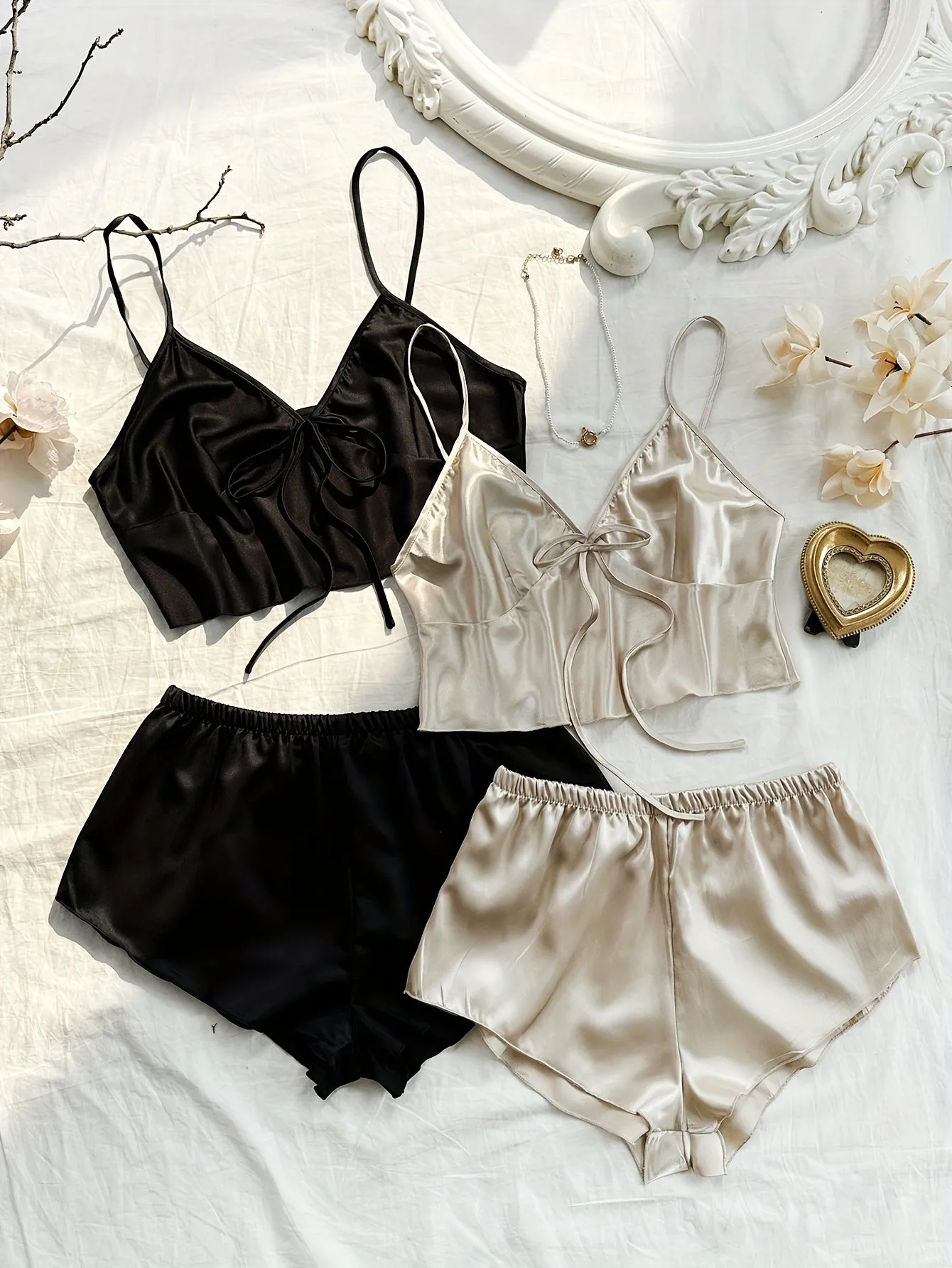 Stylish V-Neck Lace-Up Crop Top & Shorts Pajama Set - 4 Pcs Sleepwear for Women, Soft Polyester, Solid Color