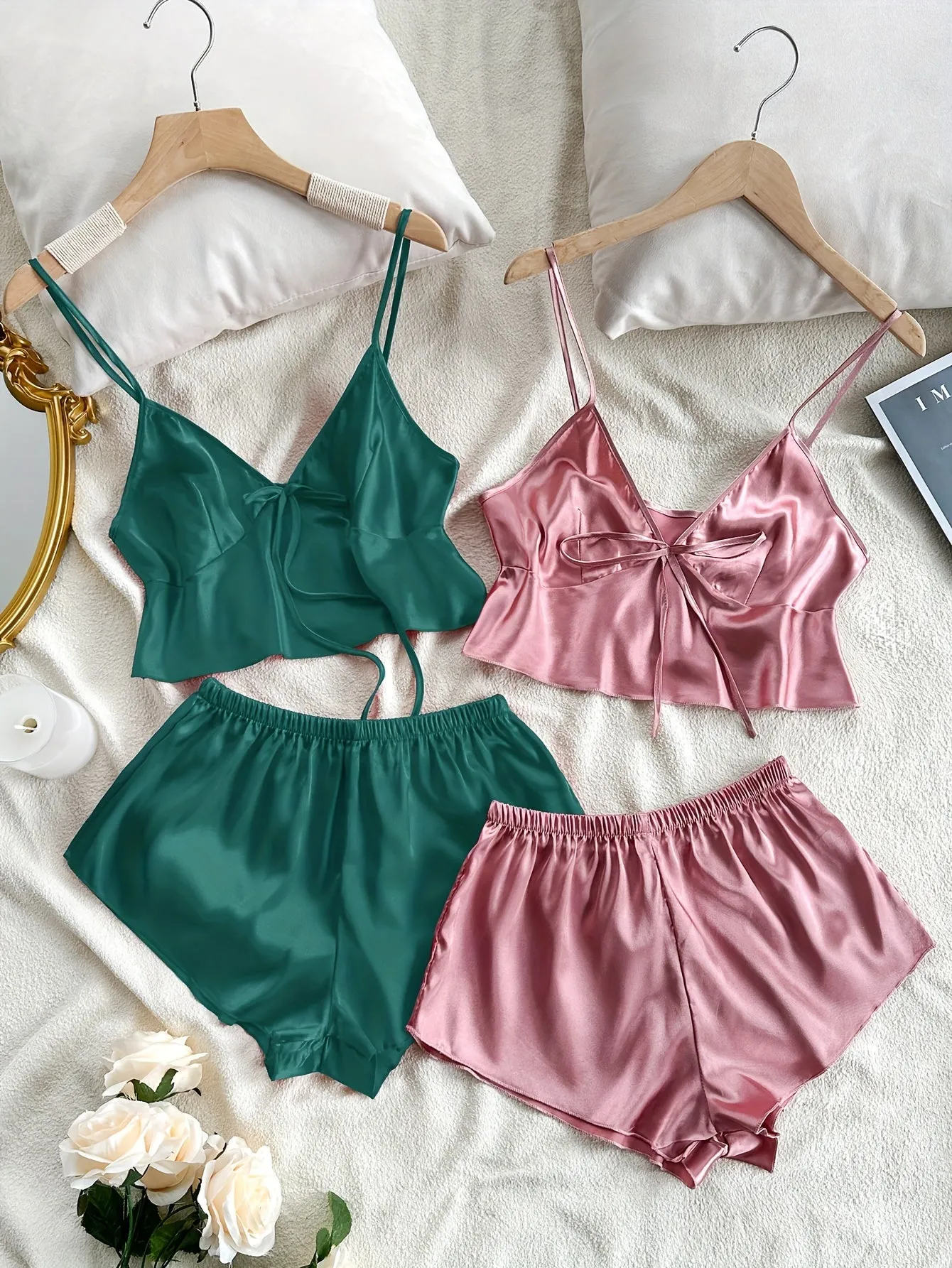 Stylish V-Neck Lace-Up Crop Top & Shorts Pajama Set - 4 Pcs Sleepwear for Women, Soft Polyester, Solid Color