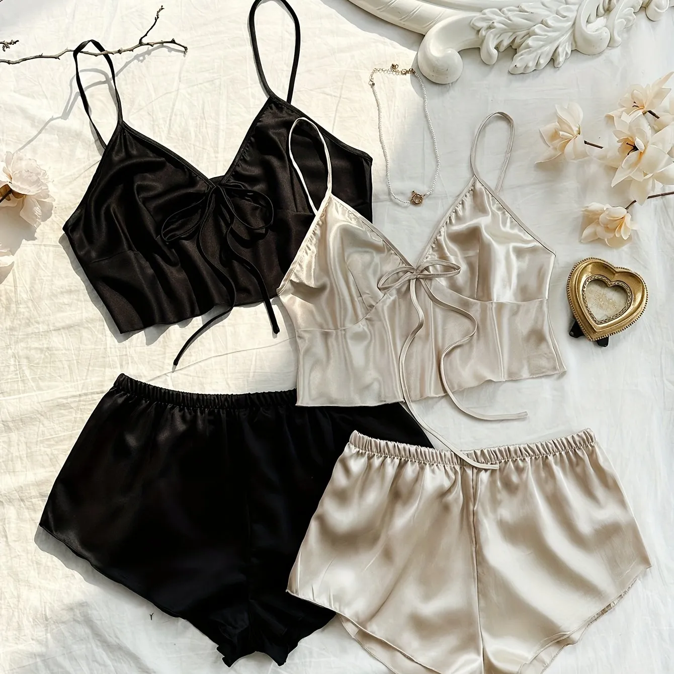 Stylish V-Neck Lace-Up Crop Top & Shorts Pajama Set - 4 Pcs Sleepwear for Women, Soft Polyester, Solid Color