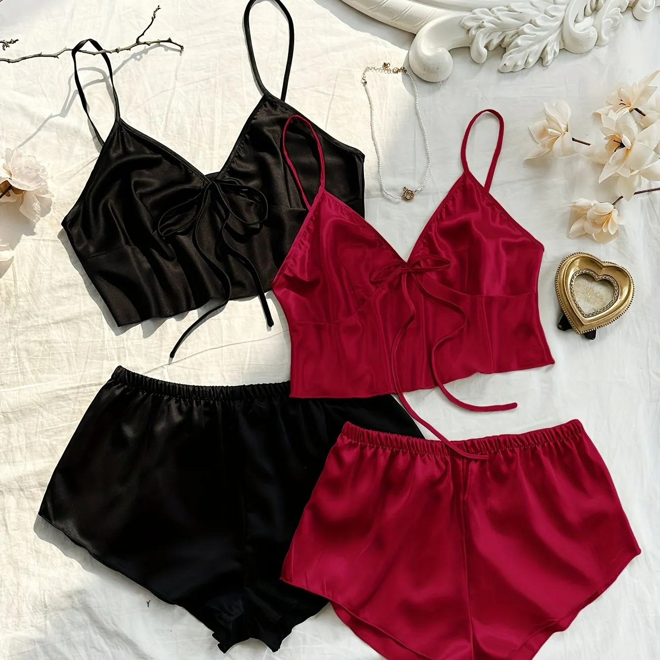 Stylish V-Neck Lace-Up Crop Top & Shorts Pajama Set - 4 Pcs Sleepwear for Women, Soft Polyester, Solid Color