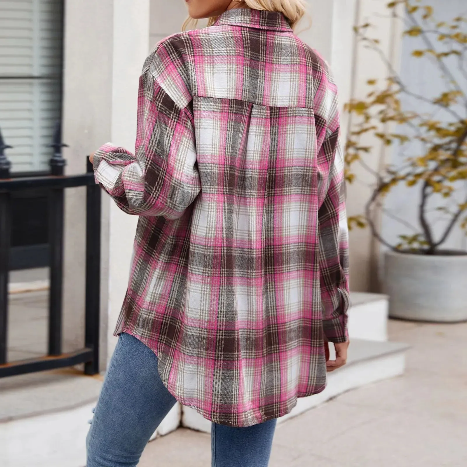 Summer Casual Fashion Plaid Shirt Women'S Lapel Collar Long Sleeved Shirt Korean Fashion Check Shirts Cotton Linen Lady Blouses