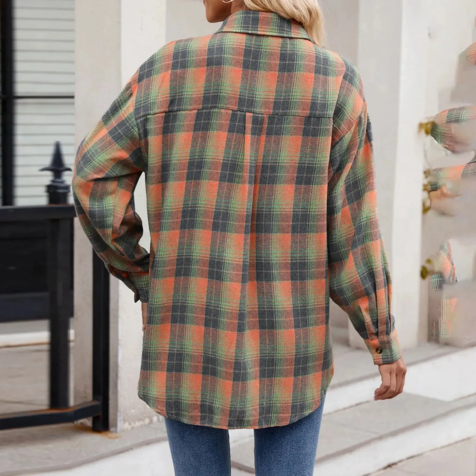 Summer Casual Fashion Plaid Shirt Women'S Lapel Collar Long Sleeved Shirt Korean Fashion Check Shirts Cotton Linen Lady Blouses