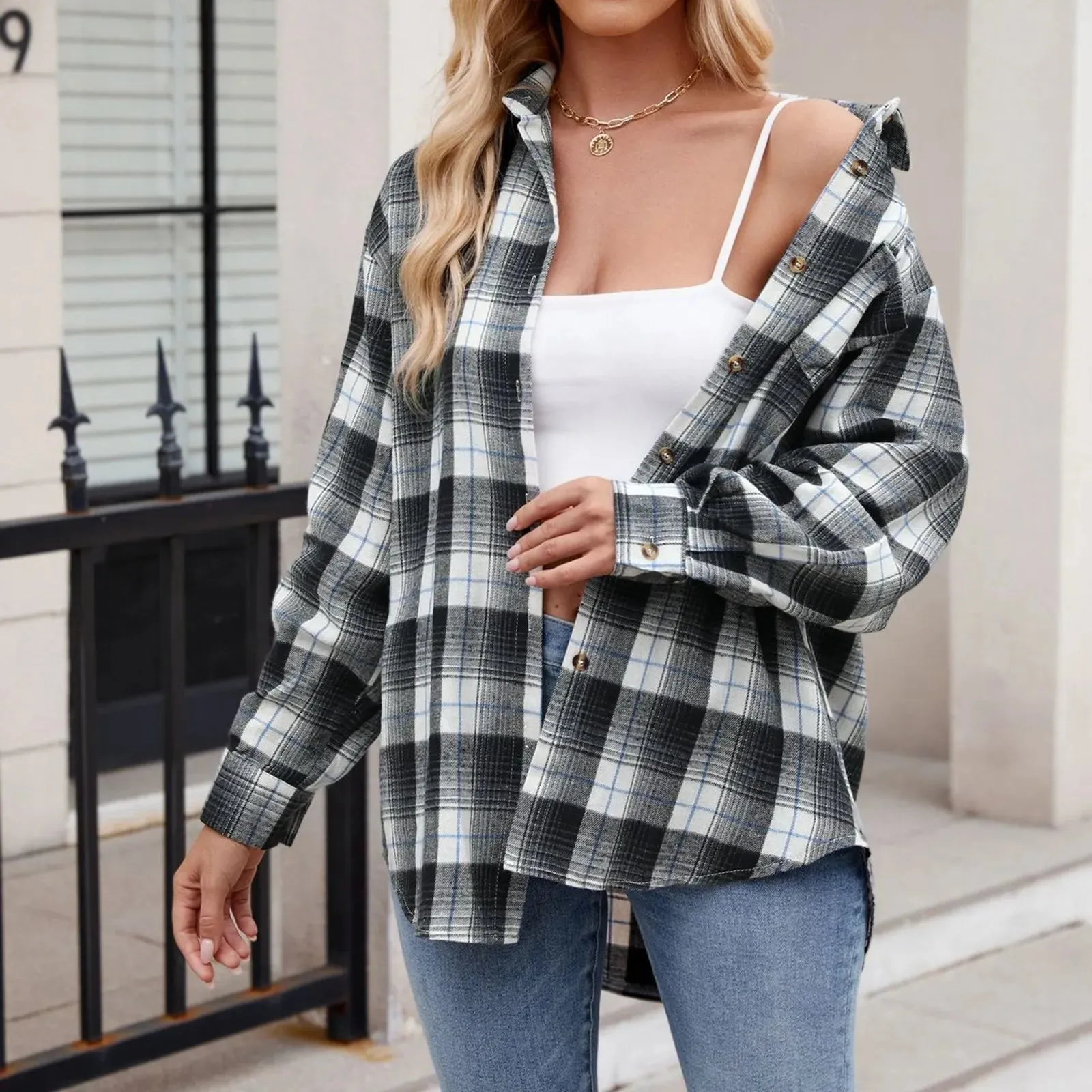 Summer Casual Fashion Plaid Shirt Women'S Lapel Collar Long Sleeved Shirt Korean Fashion Check Shirts Cotton Linen Lady Blouses