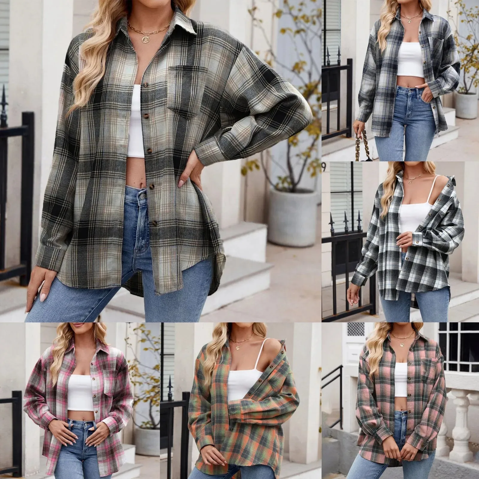 Summer Casual Fashion Plaid Shirt Women'S Lapel Collar Long Sleeved Shirt Korean Fashion Check Shirts Cotton Linen Lady Blouses