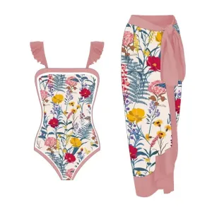 Summer Print One Piece Swimsuit With Beach Skirt