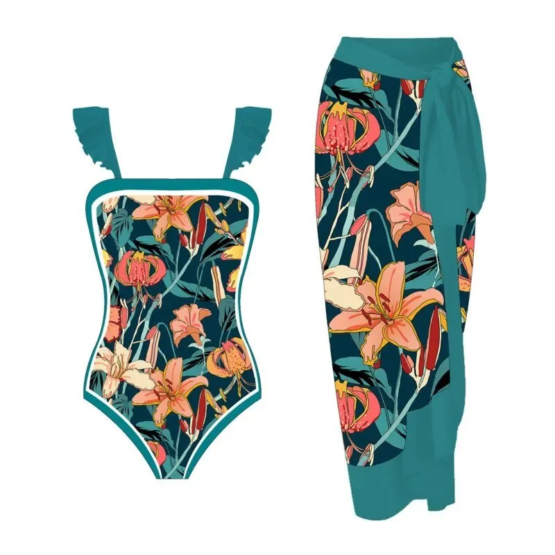 Summer Print One Piece Swimsuit With Beach Skirt