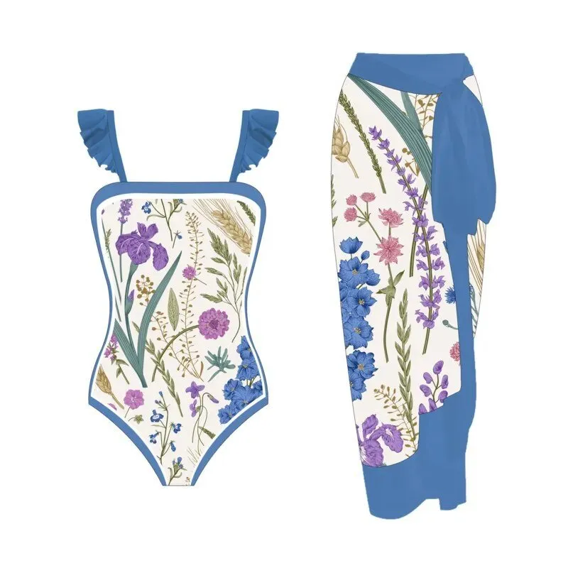 Summer Print One Piece Swimsuit With Beach Skirt