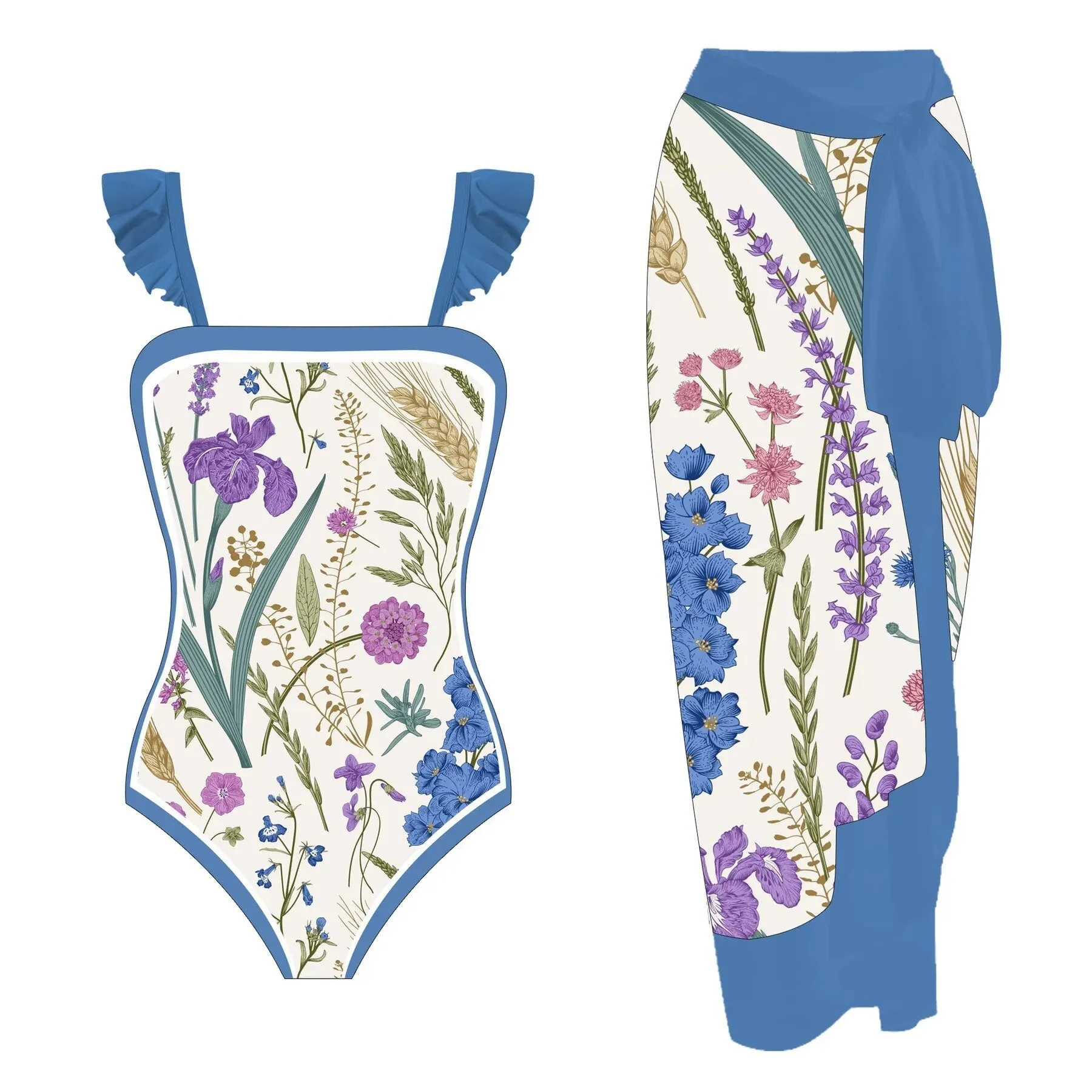 Summer Print One Piece Swimsuit With Beach Skirt