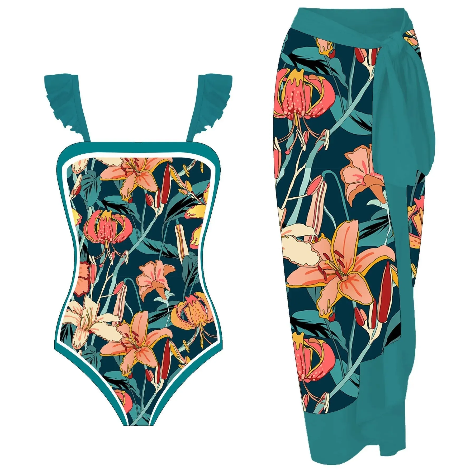 Summer Print One Piece Swimsuit With Beach Skirt