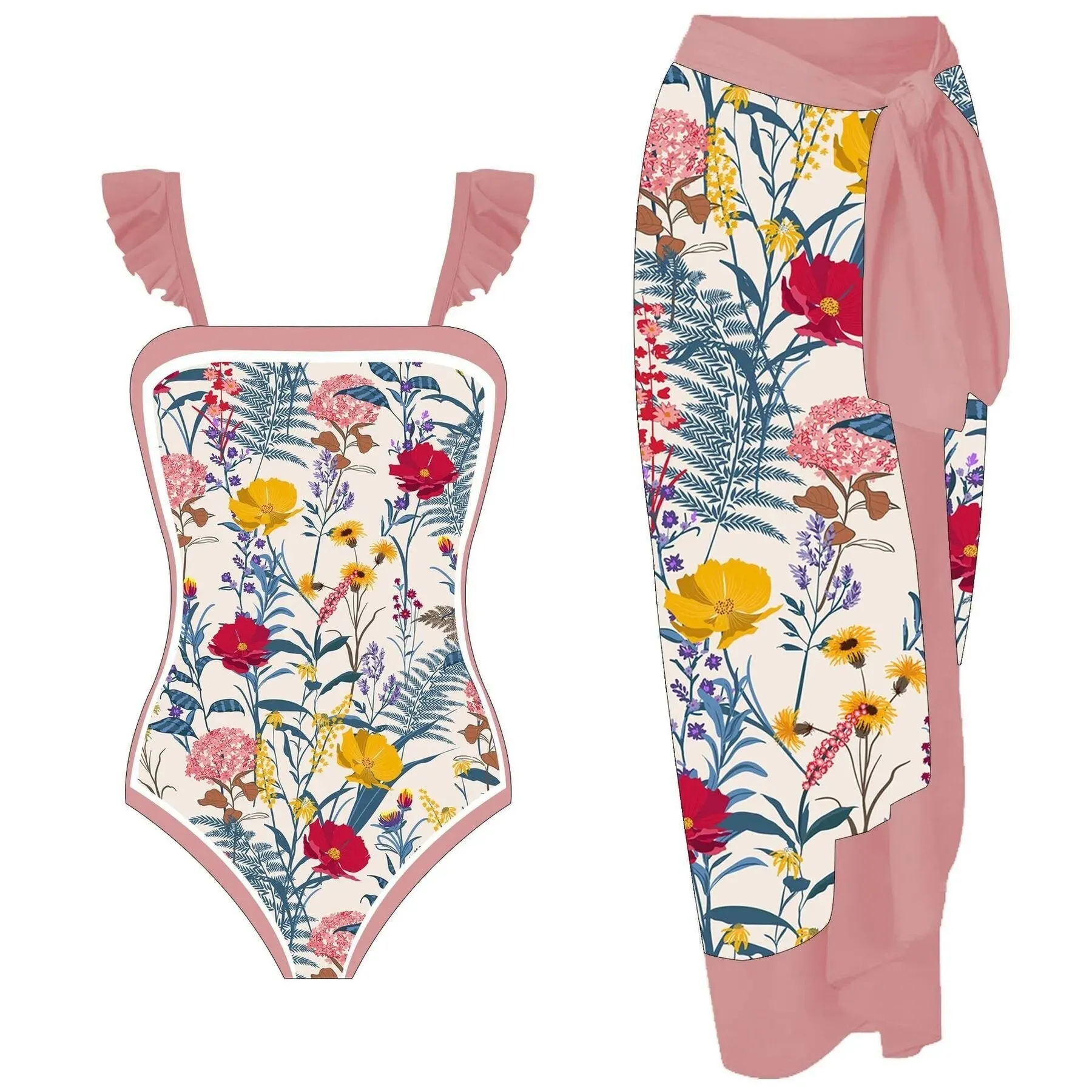 Summer Print One Piece Swimsuit With Beach Skirt