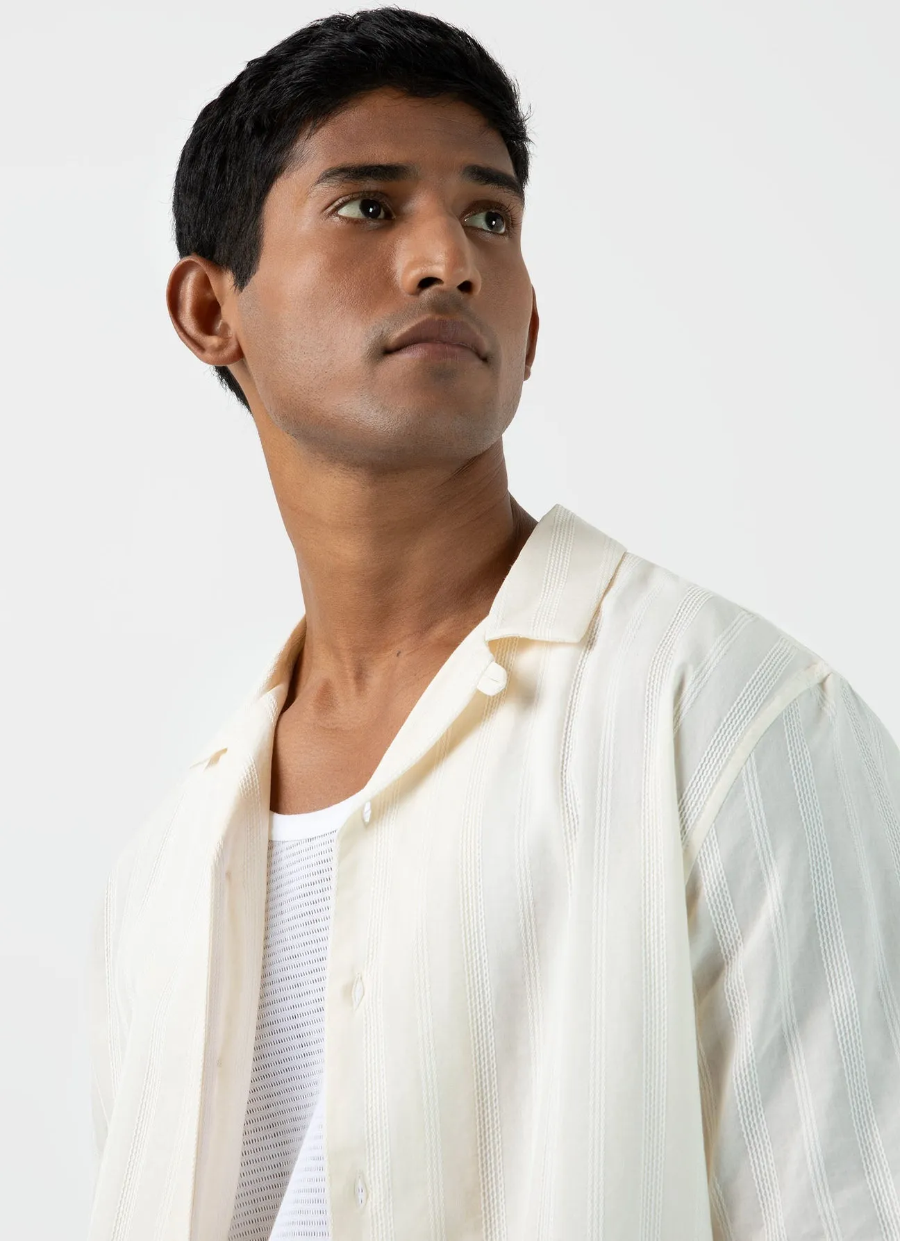 Sunspel Stripe Camp Collar Shirt Ecru