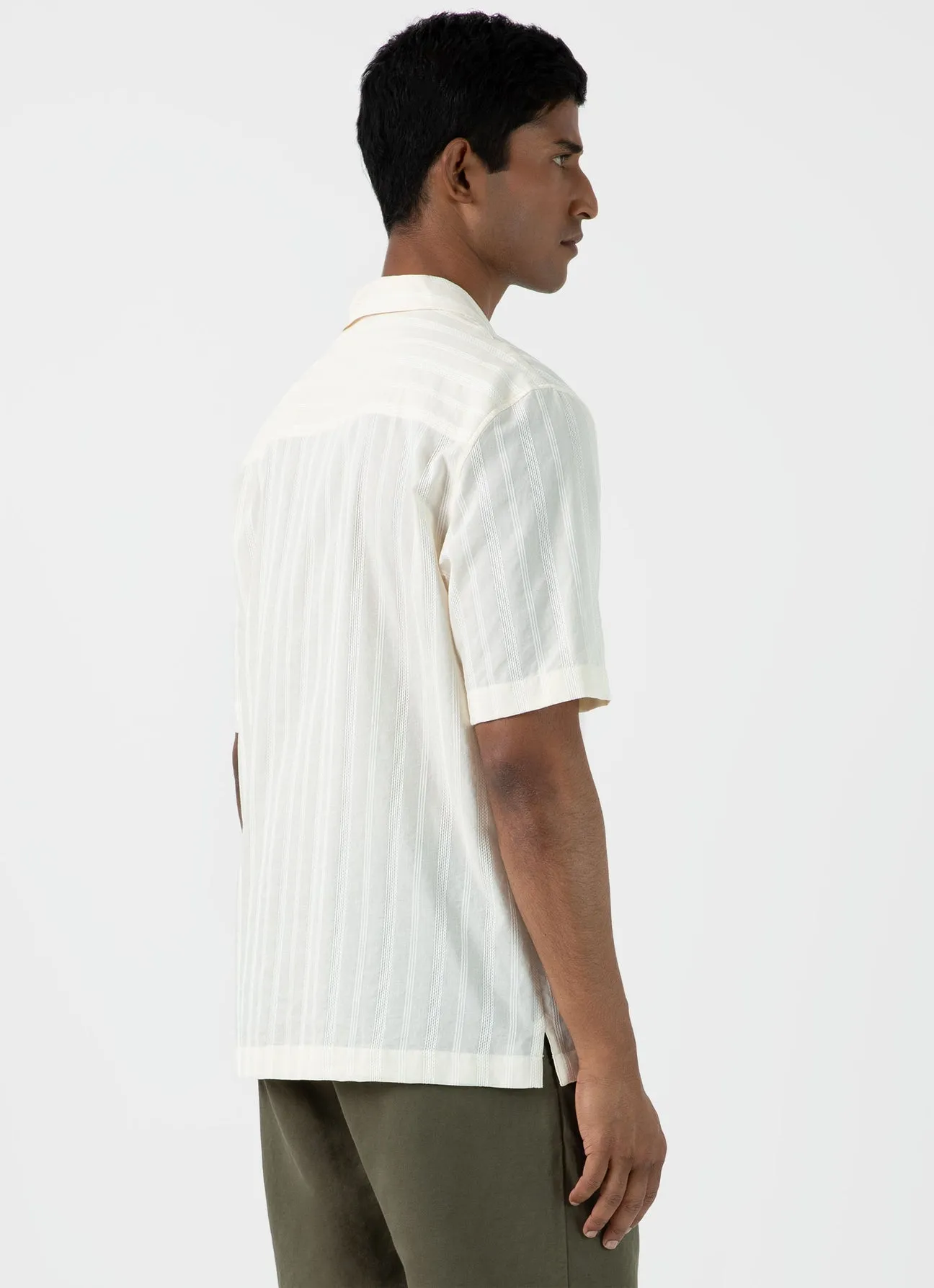 Sunspel Stripe Camp Collar Shirt Ecru