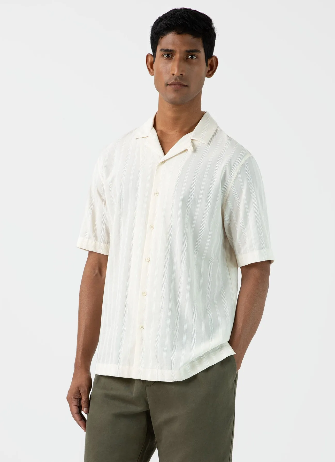 Sunspel Stripe Camp Collar Shirt Ecru