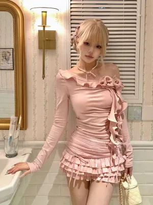 Sweet Pear Dream Muse Ruffle Shirred Top & Bow Cake Skirt Set