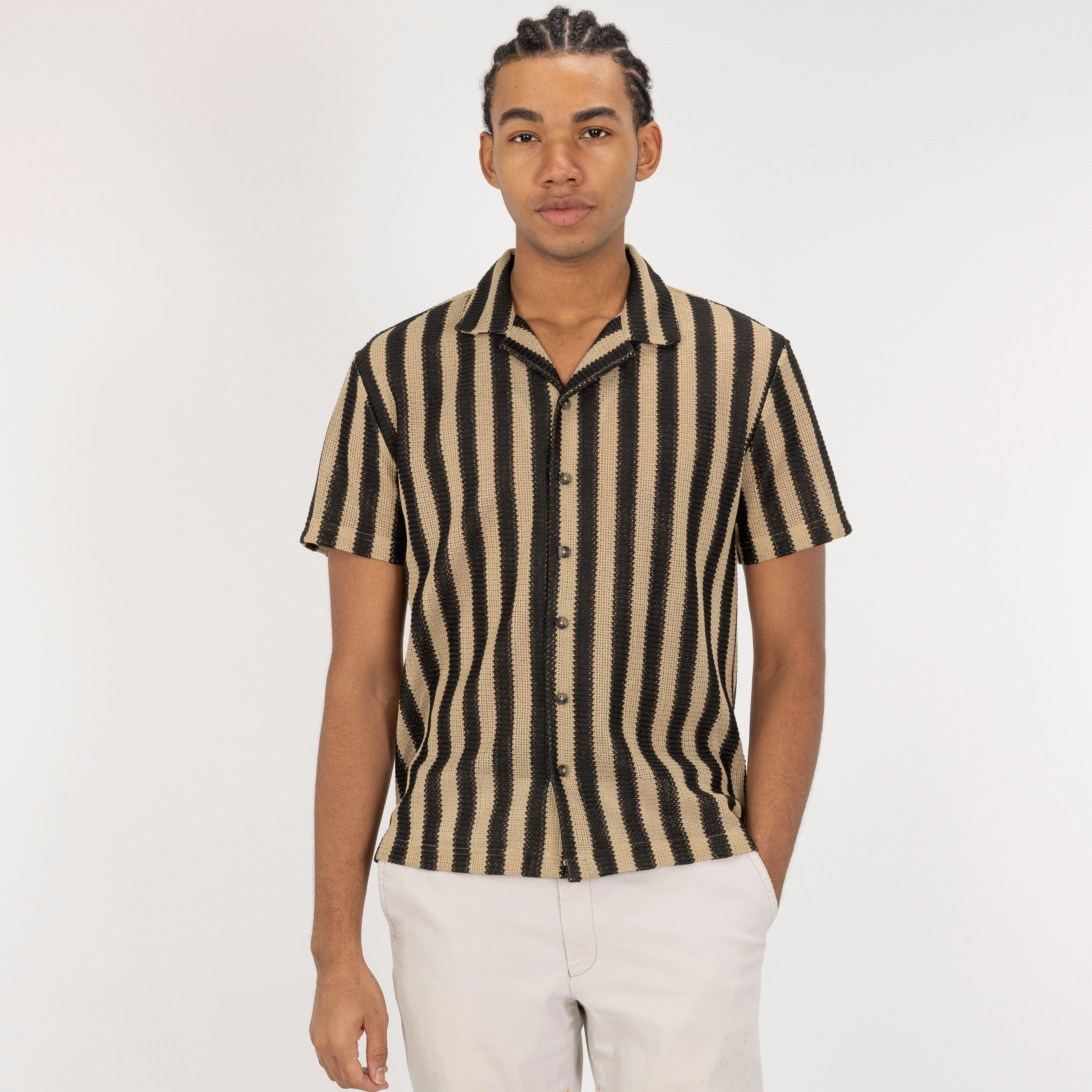 Textured Woven Crochet Camp Shirt  - Starfish / Black Straight Stripe