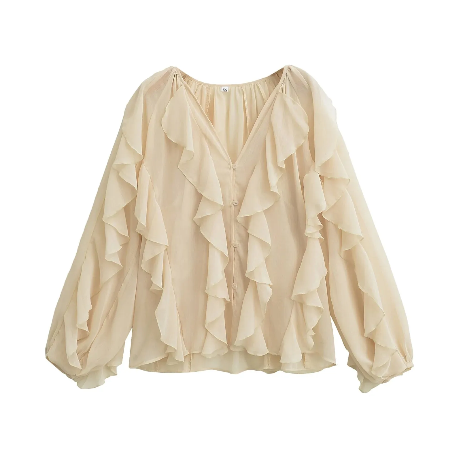 TRAFZA Elegant Women's Translucent Ruffles Shirts 2025 Spring Sexy Female V-neck Long Sleeved Gauze Layered Decorative Blouse