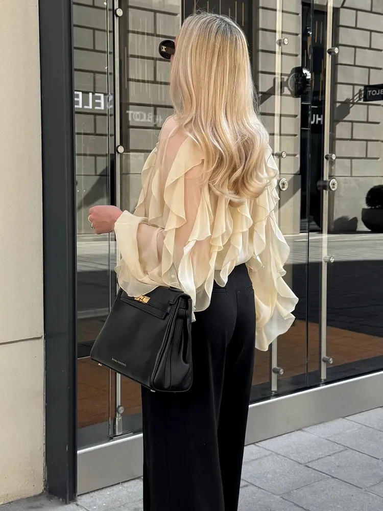 TRAFZA Elegant Women's Translucent Ruffles Shirts 2025 Spring Sexy Female V-neck Long Sleeved Gauze Layered Decorative Blouse