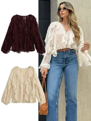 TRAFZA Elegant Women's Translucent Ruffles Shirts 2025 Spring Sexy Female V-neck Long Sleeved Gauze Layered Decorative Blouse